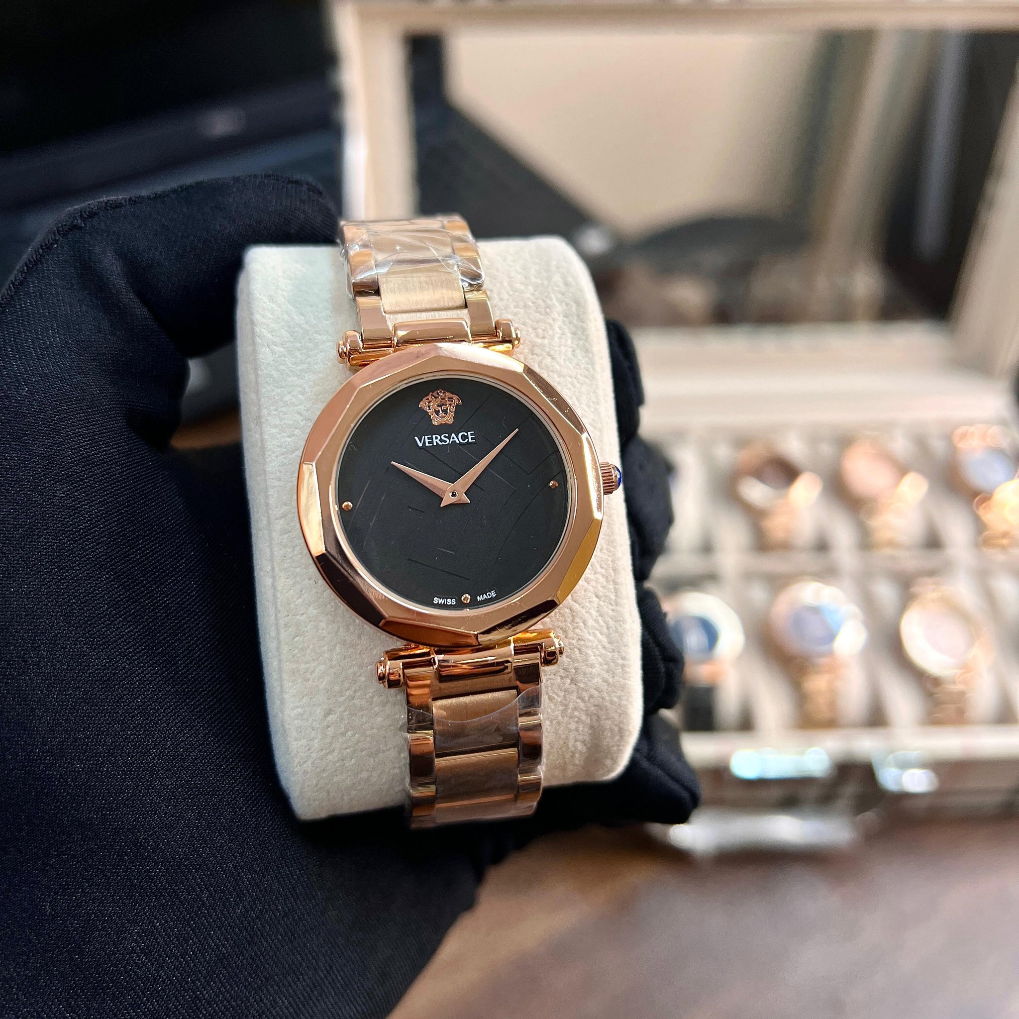 Versace Ladies' Master Copy Quartz Watch - Rose Gold with Black Dial