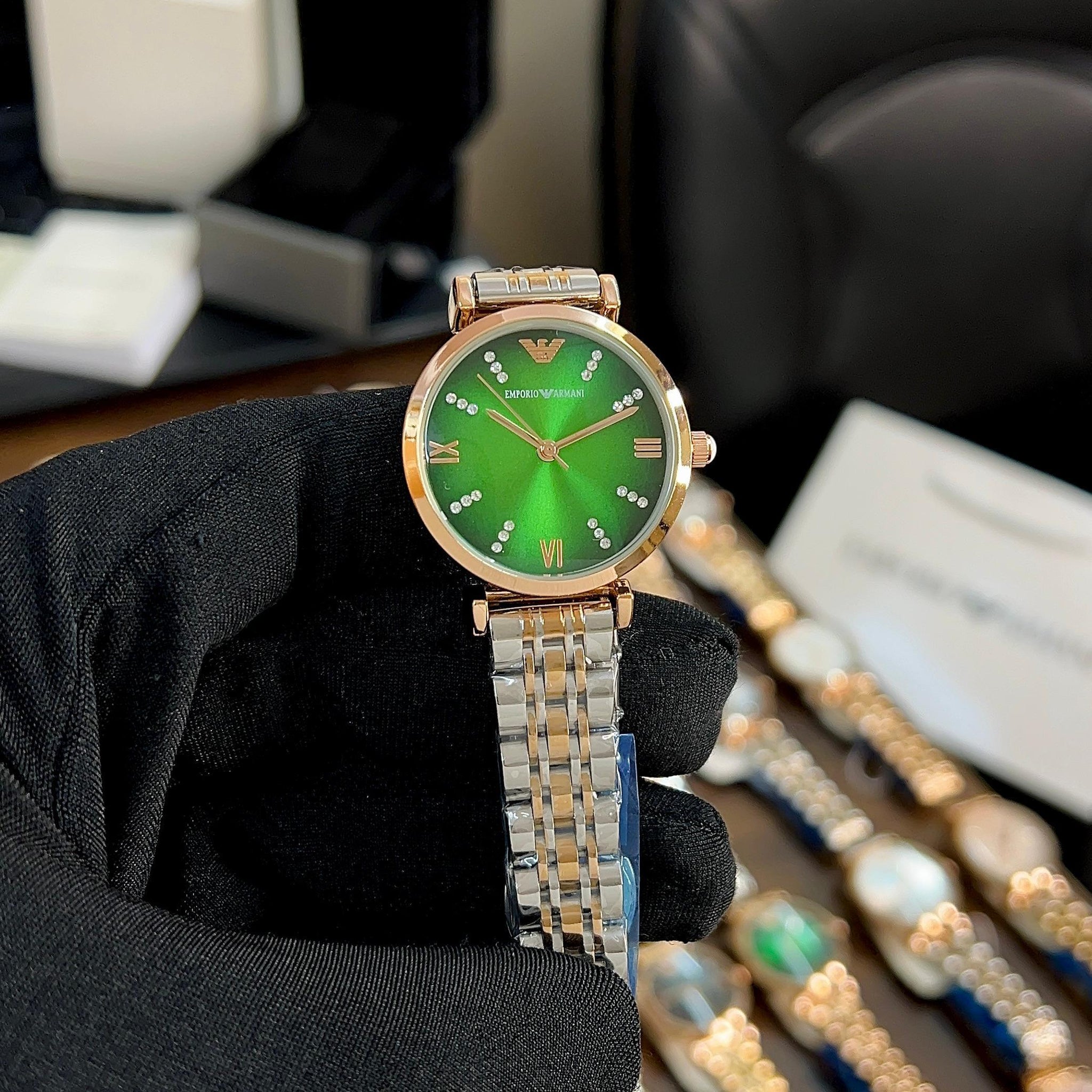 Elevate Your Look with This Exquisite Diamond-Adorned Emerald Green Emporio Armani Master Copy"