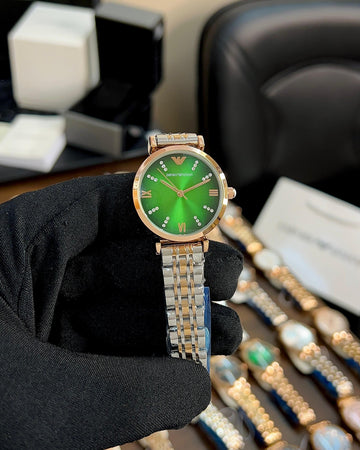 Elevate Your Look with This Exquisite Diamond-Adorned Emerald Green Emporio Armani Master Copy"