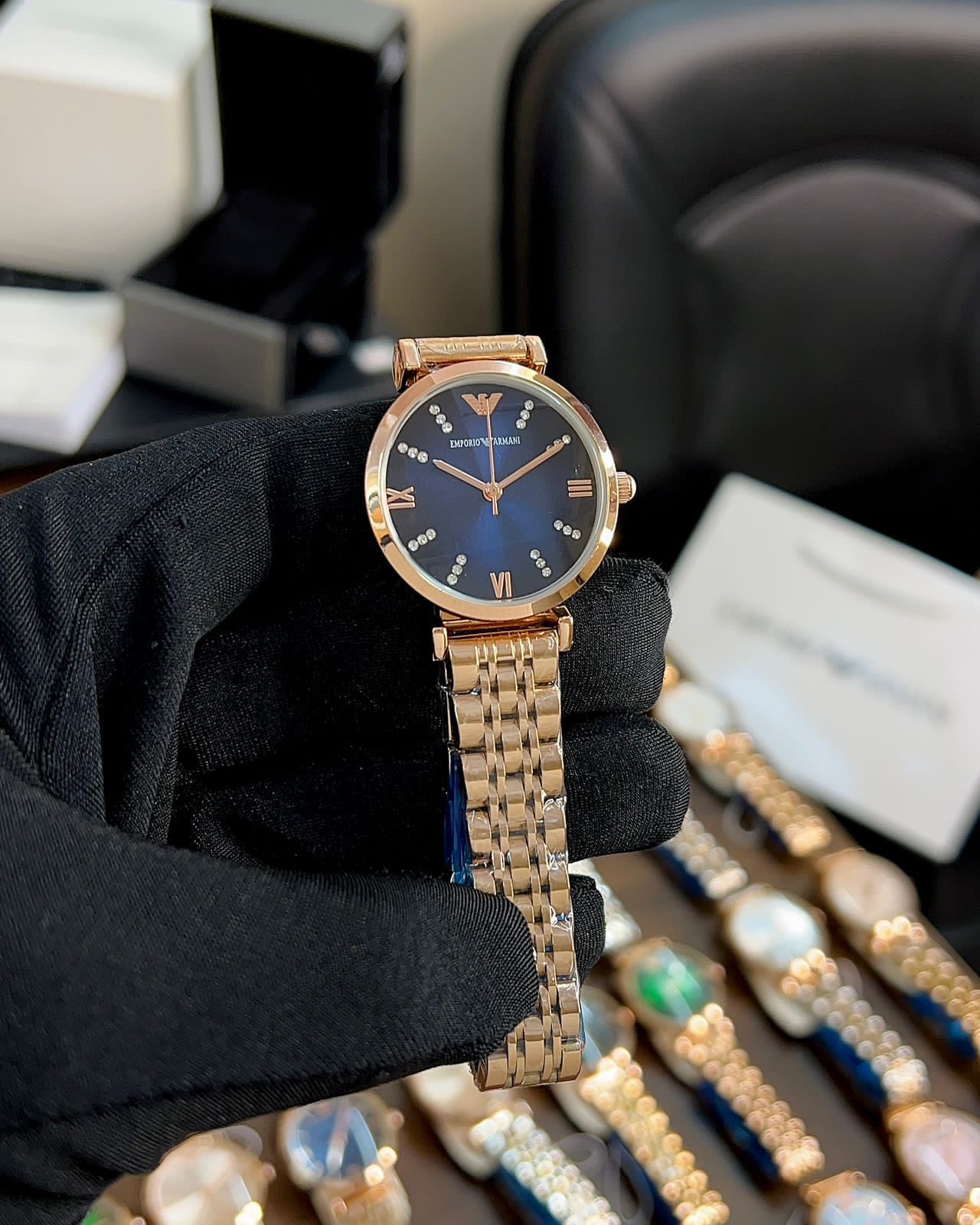 Elevate Your Look with This Exquisite Diamond-Adorned Sapphire Blue Emporio Armani Master Copy"